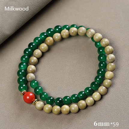 Natural Sandalwood Milk Fragrance Wood Stitching Jade Double Circle Bracelet HandString Carving TuMu Pendant WenPlay Buddha Bead