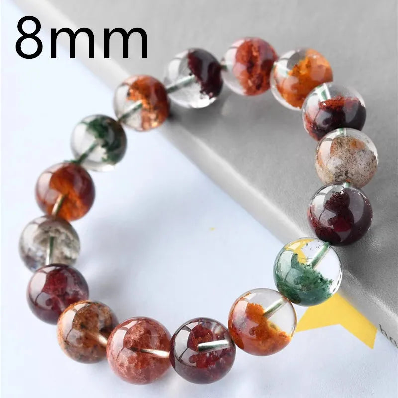 Red and green ghost quartz round bead bracelet