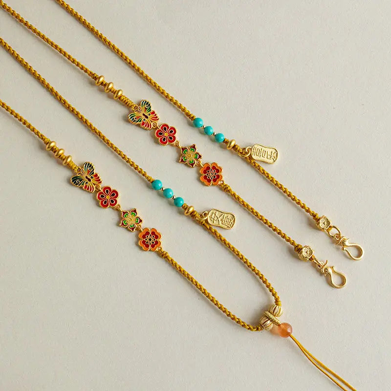 Handmade Braided Binaural Ruyi Lock Bag Lanyard Rope Necklace Men and Women Golden Buddha Head Clavicle Chain Rope Woolen Chain