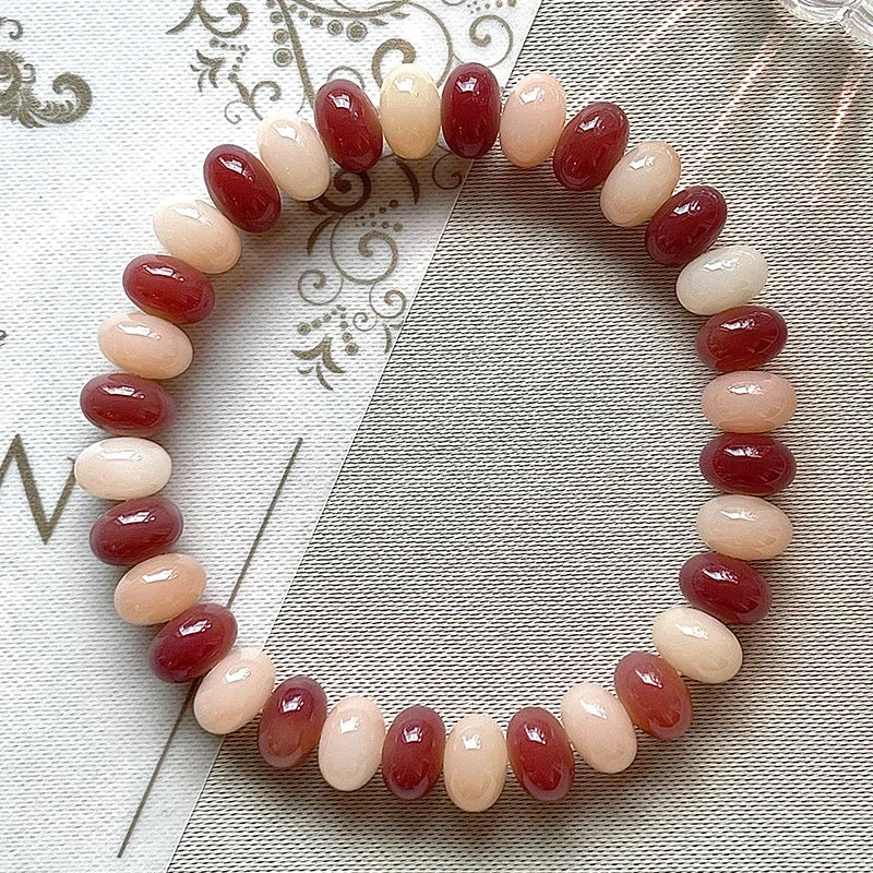 Peach Pink White Jade Bodhi Root Bracelet