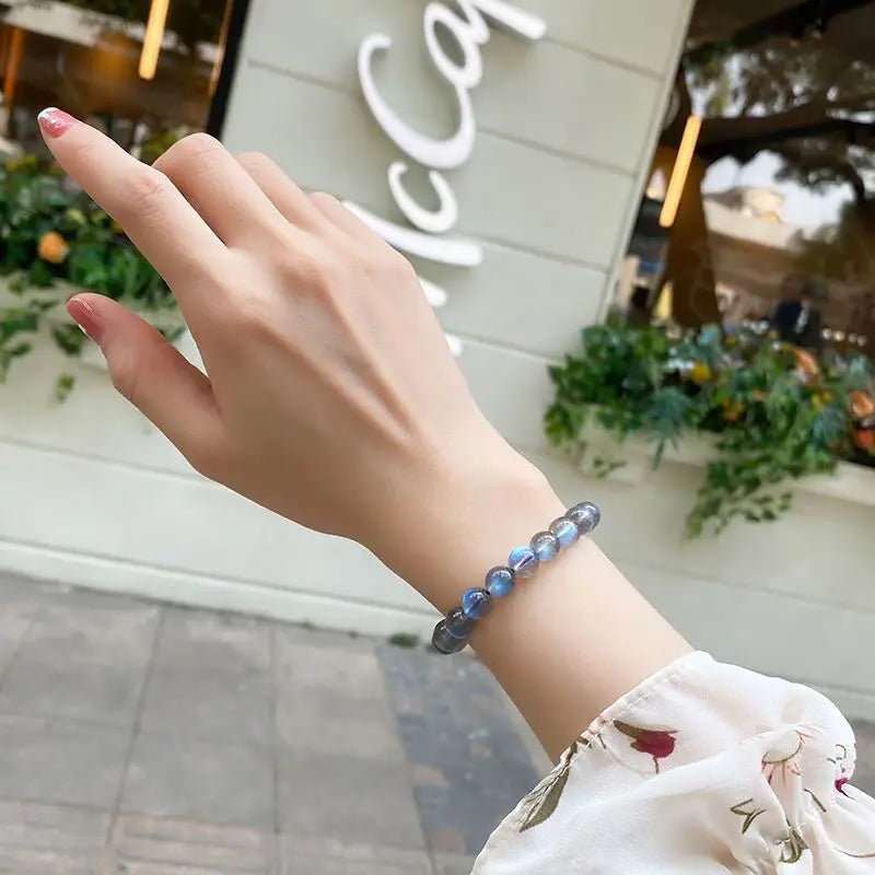 Natural Ice Grey Moonstone Collectible Bracelet Women's Gifts Strong Blue Light Rainbow Lavolite Single Ring HandString Jewelry