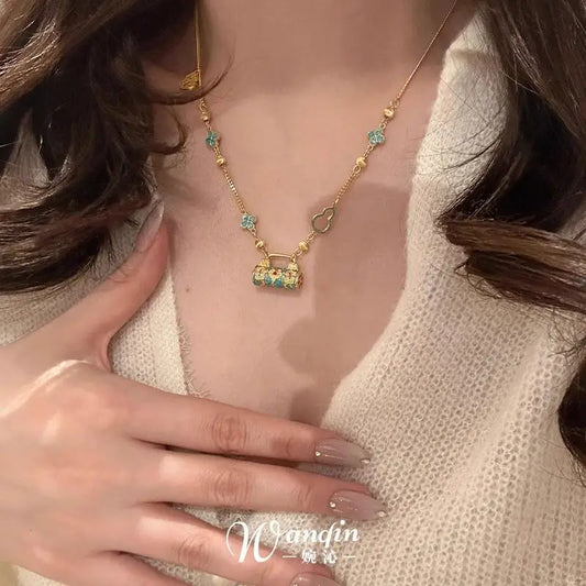 New Chinese Enamel Burning Blue Peace Lock Pendant Necklace Retro Contrast Gold Plated Color Court Style Clavicle Chain Pendant
