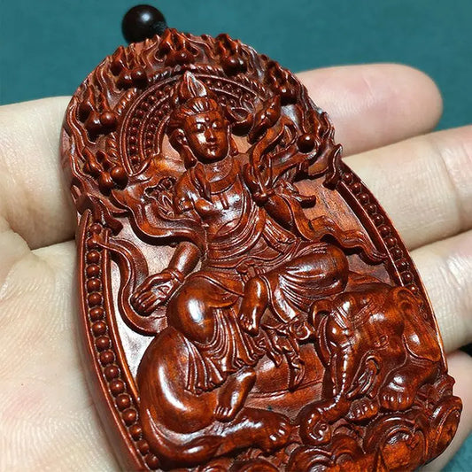 Rosewood Zodiac Guanyin Pendant, Woodcarved Buddha Amulet - Protection, Peace and Health