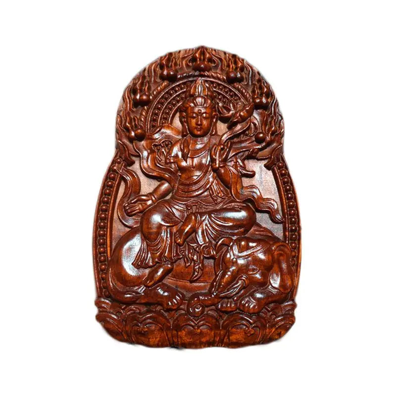 Rosewood Zodiac Guanyin Pendant, Woodcarved Buddha Amulet - Protection, Peace and Health