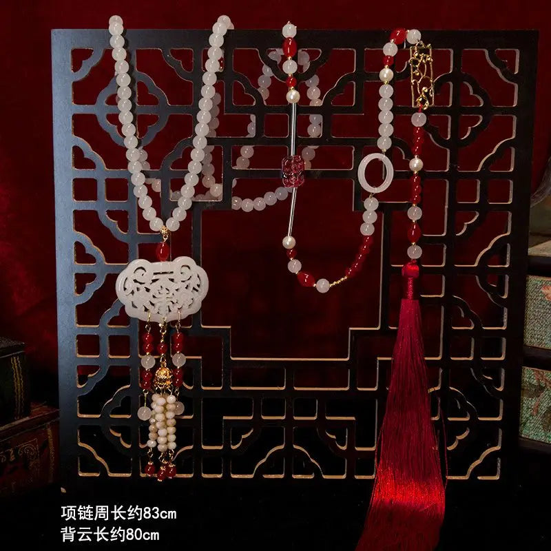 Hanfu Ancient Suit Horse Noodles Accessories Necklace Wreaths Back Cloud Tassel Super Long Chinese Pearl Ancient Pressed Placket