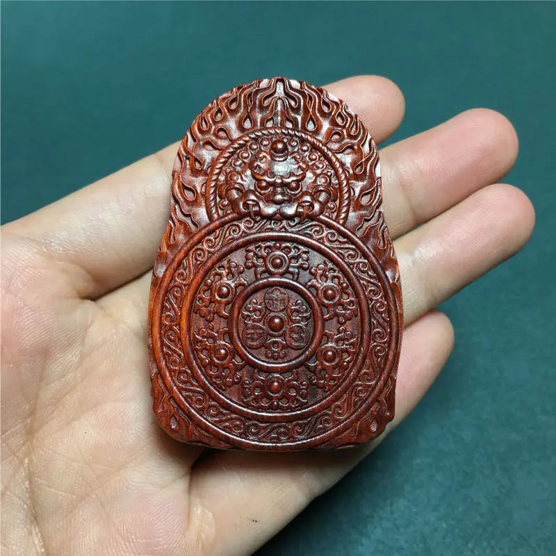 Rosewood Zodiac Guanyin Pendant, Woodcarved Buddha Amulet - Protection, Peace and Health
