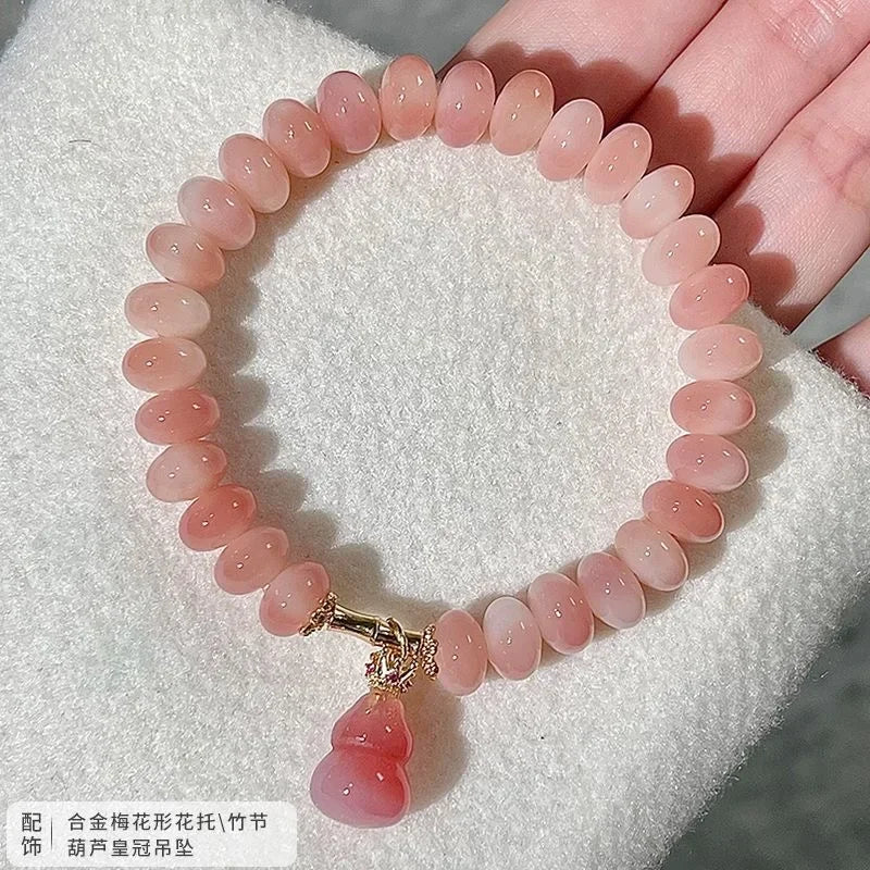 Peach Pink White Jade Bodhi Root Bracelet
