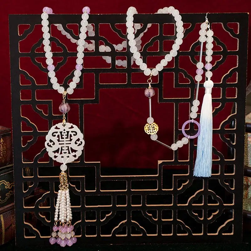Hanfu Ancient Suit Horse Noodles Accessories Necklace Wreaths Back Cloud Tassel Super Long Chinese Pearl Ancient Pressed Placket