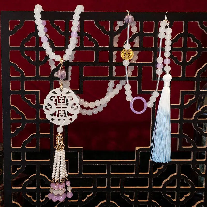 Hanfu Ancient Suit Horse Noodles Accessories Necklace Wreaths Back Cloud Tassel Super Long Chinese Pearl Ancient Pressed Placket