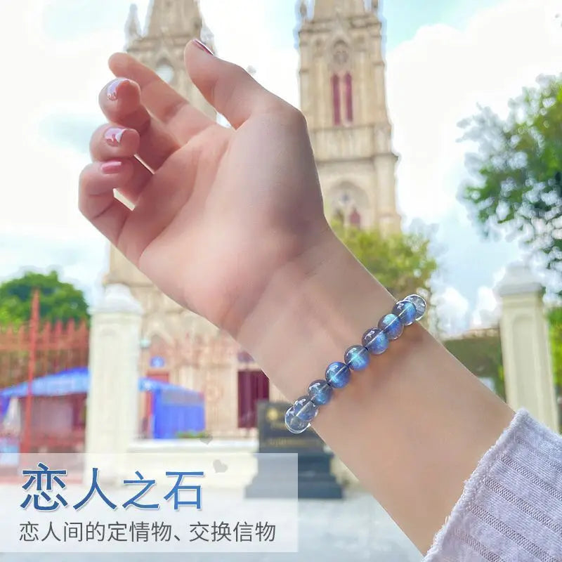 Natural Ice Grey Moonstone Collectible Bracelet Women's Gifts Strong Blue Light Rainbow Lavolite Single Ring HandString Jewelry