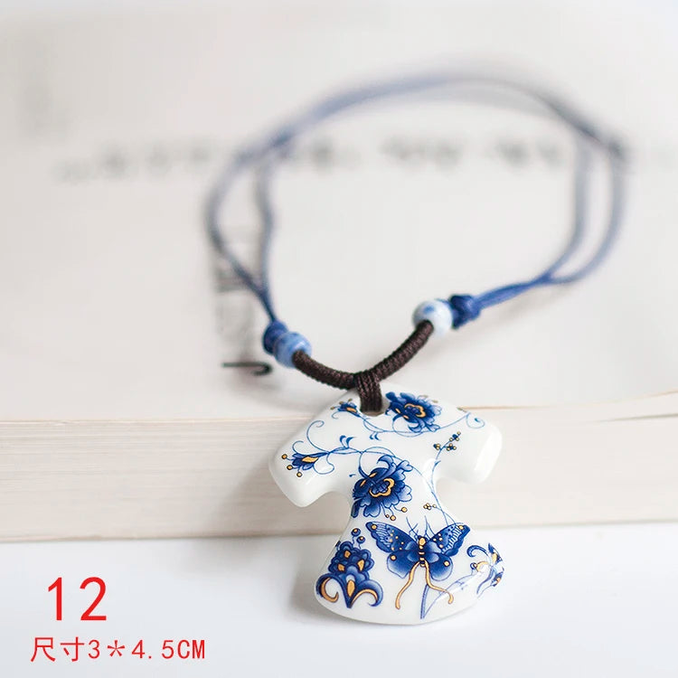 Ceramic necklace, antique blue and white porcelain pendant