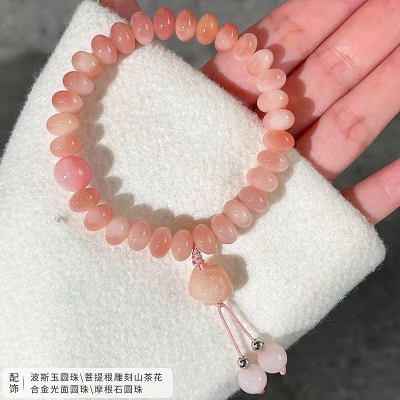 Peach Pink White Jade Bodhi Root Bracelet