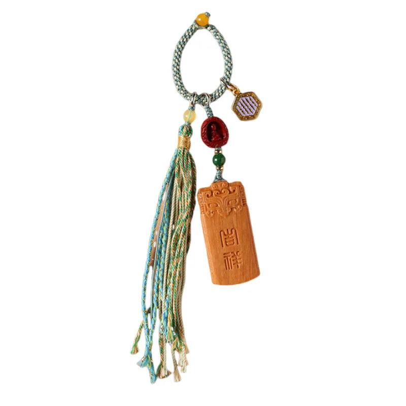 Tibetan Hand-woven Bag Hanging Wood Carving Auspicious Nothing Card Tassel Key Chain Pendant National Style Men and Women's Gift