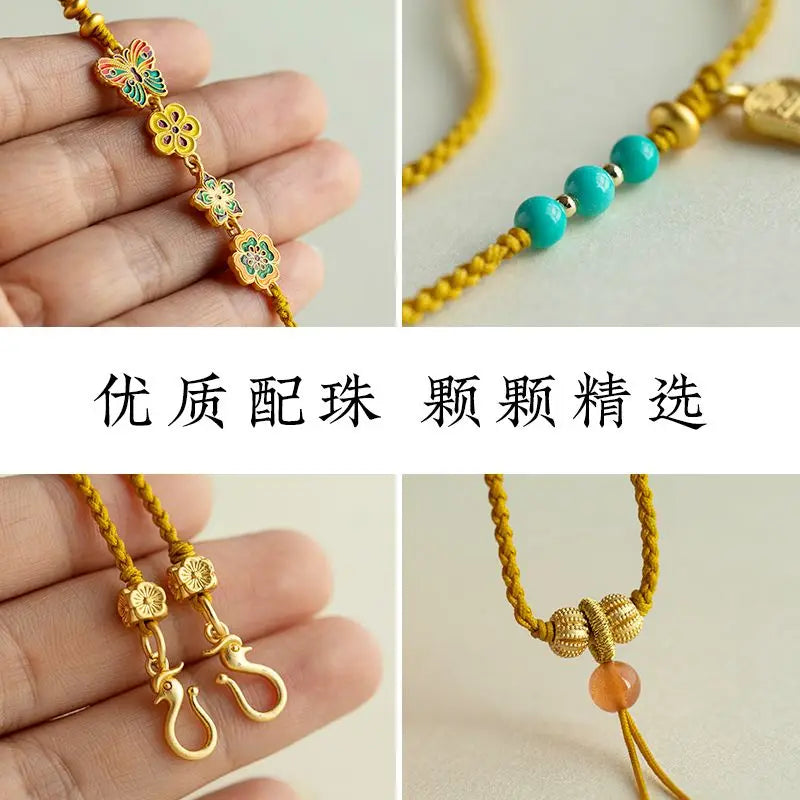 Handmade Braided Binaural Ruyi Lock Bag Lanyard Rope Necklace Men and Women Golden Buddha Head Clavicle Chain Rope Woolen Chain