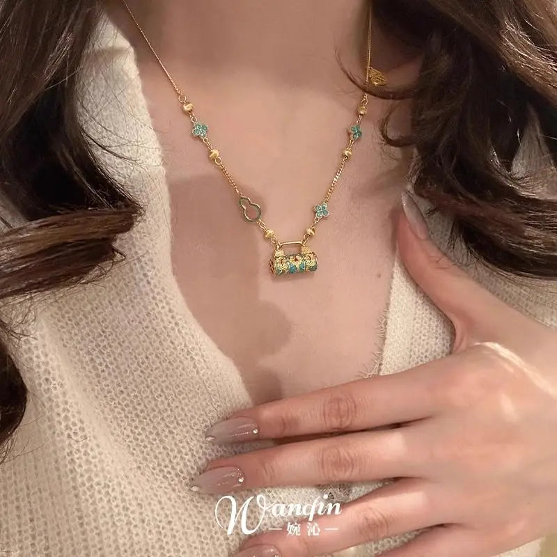 New Chinese Enamel Burning Blue Peace Lock Pendant Necklace Retro Contrast Gold Plated Color Court Style Clavicle Chain Pendant