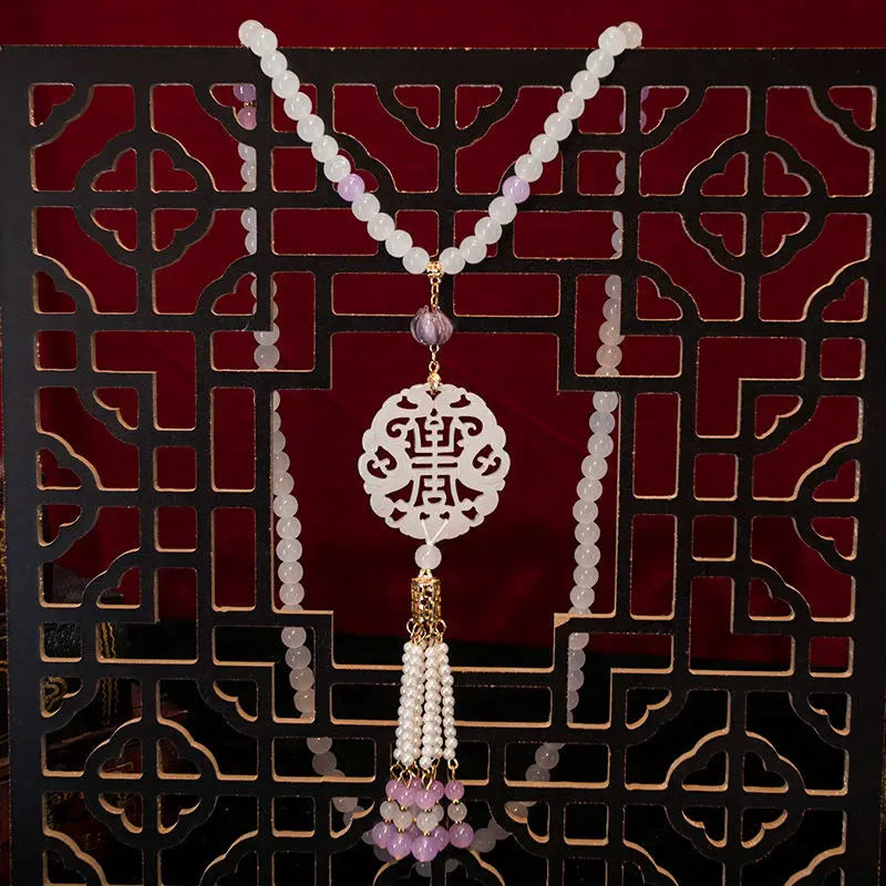 Hanfu Ancient Suit Horse Noodles Accessories Necklace Wreaths Back Cloud Tassel Super Long Chinese Pearl Ancient Pressed Placket