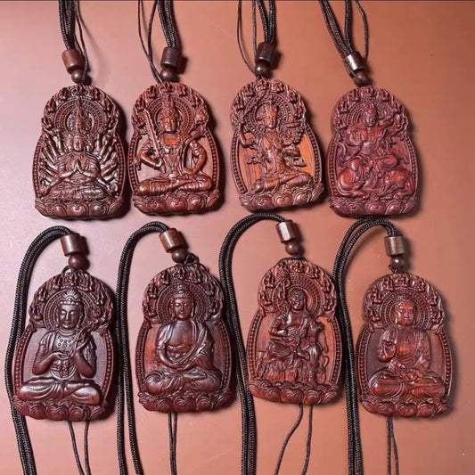 Rosewood Buddha amulet, carved with the twelve Chinese zodiac animals
