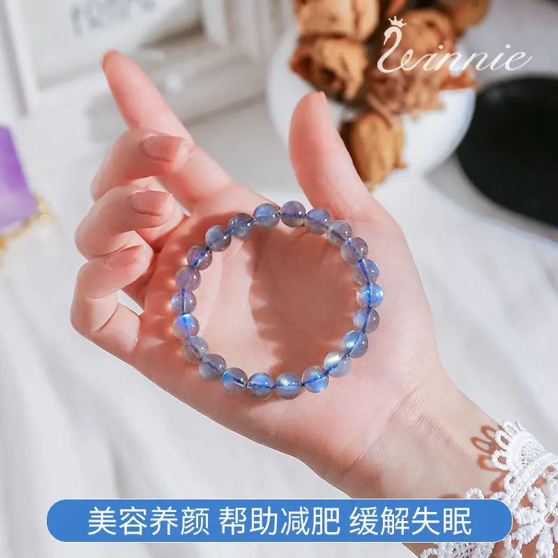 Natural Ice Grey Moonstone Collectible Bracelet Women's Gifts Strong Blue Light Rainbow Lavolite Single Ring HandString Jewelry