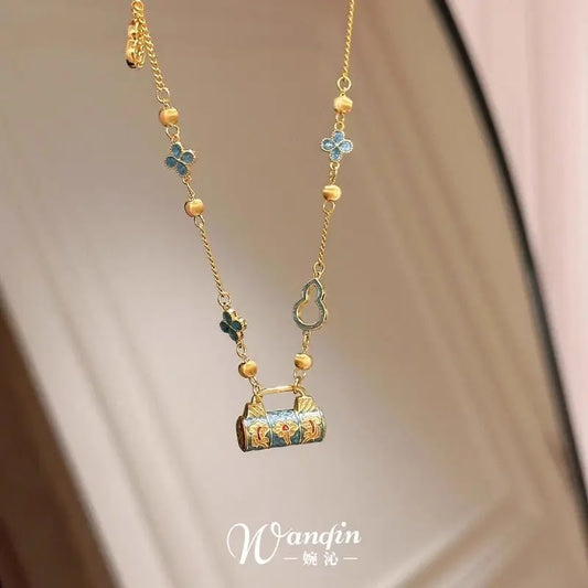 New Chinese Enamel Burning Blue Peace Lock Pendant Necklace Retro Contrast Gold Plated Color Court Style Clavicle Chain Pendant