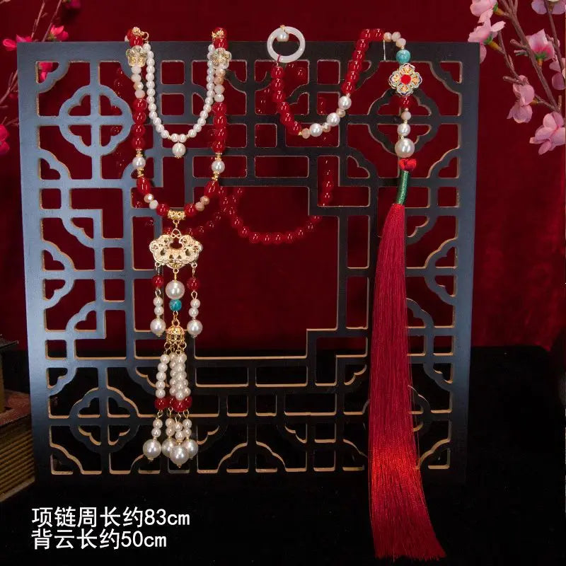 Hanfu Ancient Suit Horse Noodles Accessories Necklace Wreaths Back Cloud Tassel Super Long Chinese Pearl Ancient Pressed Placket