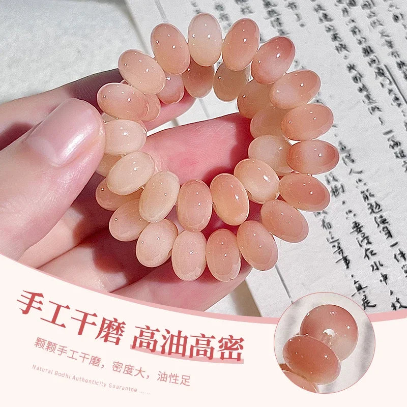 Peach Pink White Jade Bodhi Root Bracelet