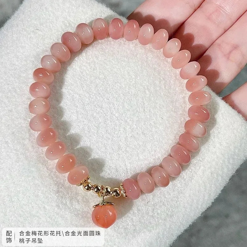 Peach Pink White Jade Bodhi Root Bracelet