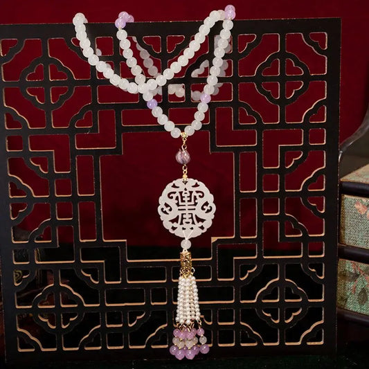 Hanfu Ancient Suit Horse Noodles Accessories Necklace Wreaths Back Cloud Tassel Super Long Chinese Pearl Ancient Pressed Placket