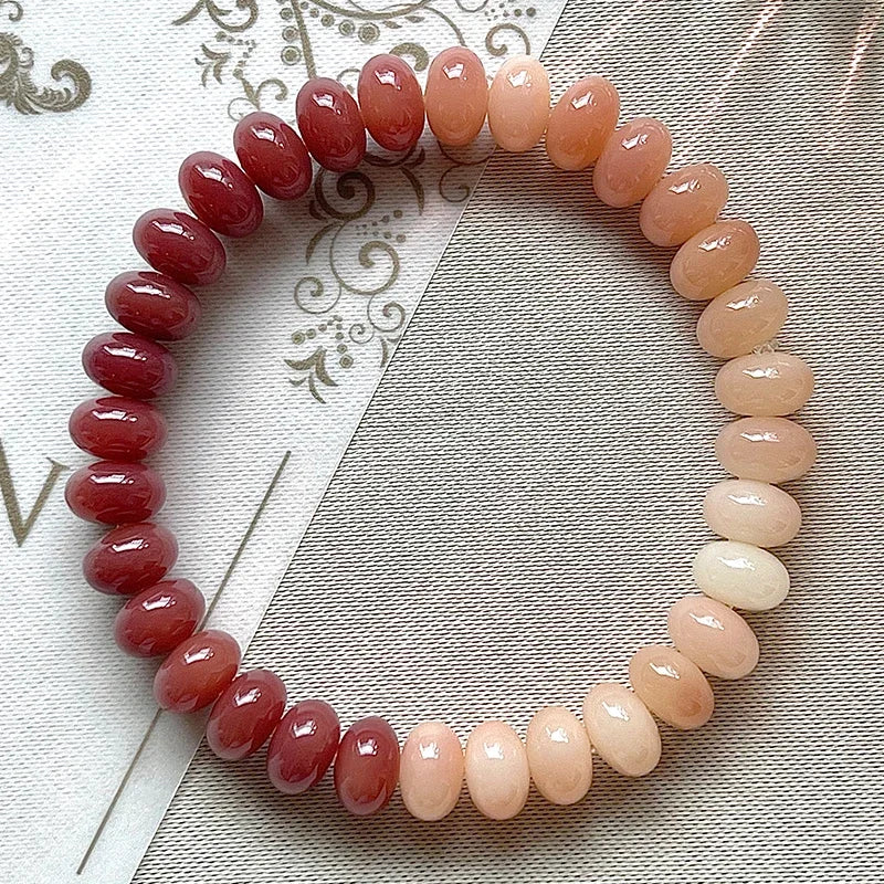 Peach Pink White Jade Bodhi Root Bracelet