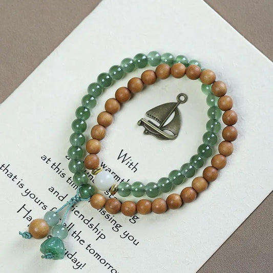 Natural Sandalwood Milk Fragrance Wood Stitching Jade Double Circle Bracelet HandString Carving TuMu Pendant WenPlay Buddha Bead