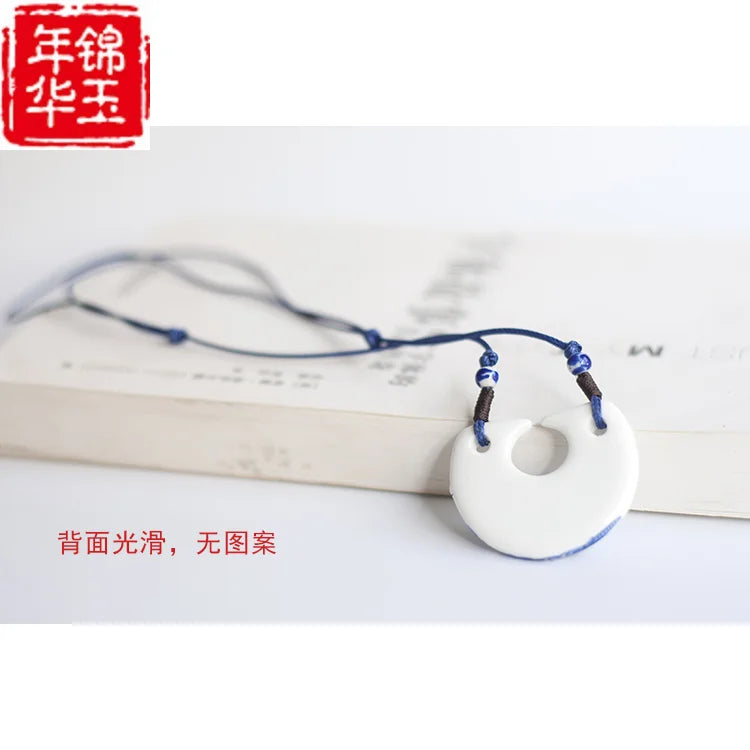 Ceramic necklace, antique blue and white porcelain pendant