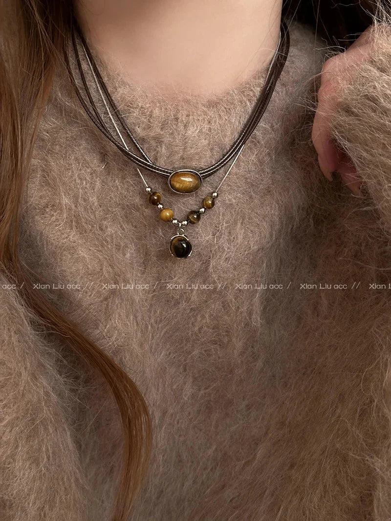 Leather Tiger Eye Necklace Women's Vintage Elegant Choker Light Luxury Stacked Wearing ChineseStyle Collarbone Chain Accessories