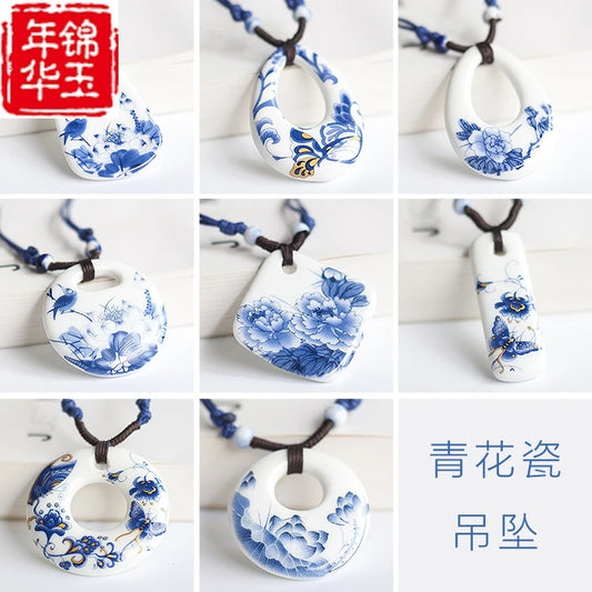 Ceramic necklace, antique blue and white porcelain pendant