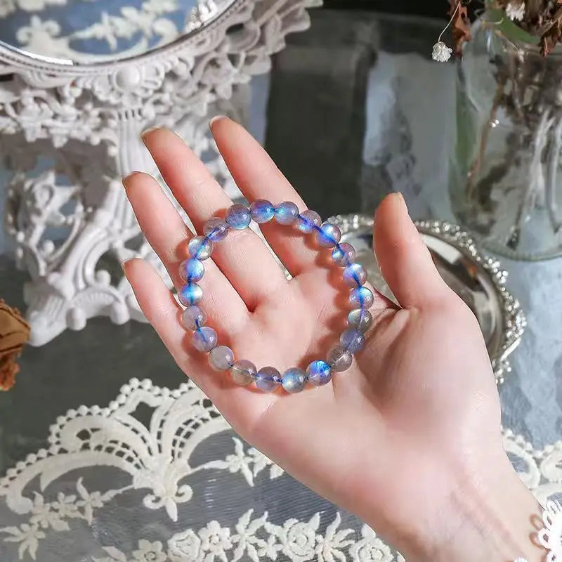 Natural Ice Grey Moonstone Collectible Bracelet Women's Gifts Strong Blue Light Rainbow Lavolite Single Ring HandString Jewelry