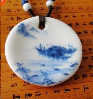 Ceramic necklace, antique blue and white porcelain pendant