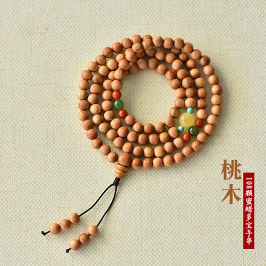 Peach wood multi-circle bracelet, beeswax lucky beads