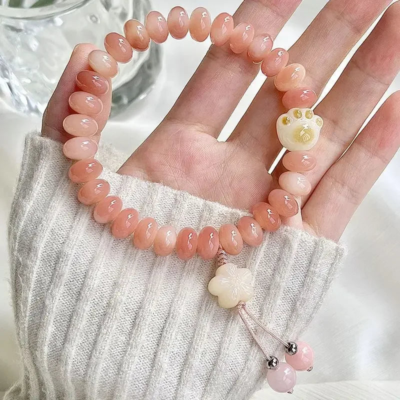 Peach Pink White Jade Bodhi Root Bracelet
