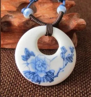 Ceramic necklace, antique blue and white porcelain pendant