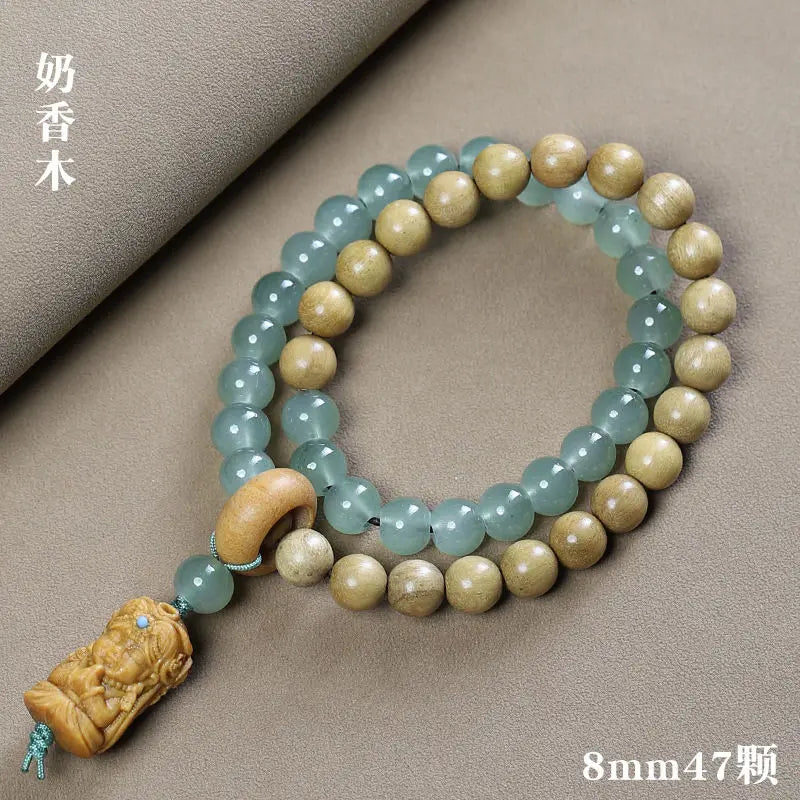 Natural Sandalwood Milk Fragrance Wood Stitching Jade Double Circle Bracelet HandString Carving TuMu Pendant WenPlay Buddha Bead