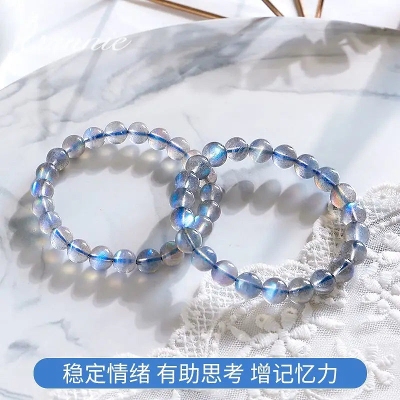 Natural Ice Grey Moonstone Collectible Bracelet Women's Gifts Strong Blue Light Rainbow Lavolite Single Ring HandString Jewelry
