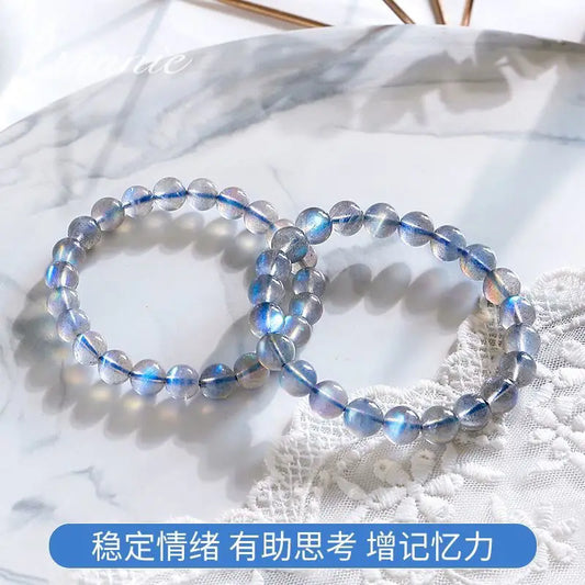 Natural Ice Grey Moonstone Collectible Bracelet Women's Gifts Strong Blue Light Rainbow Lavolite Single Ring HandString Jewelry
