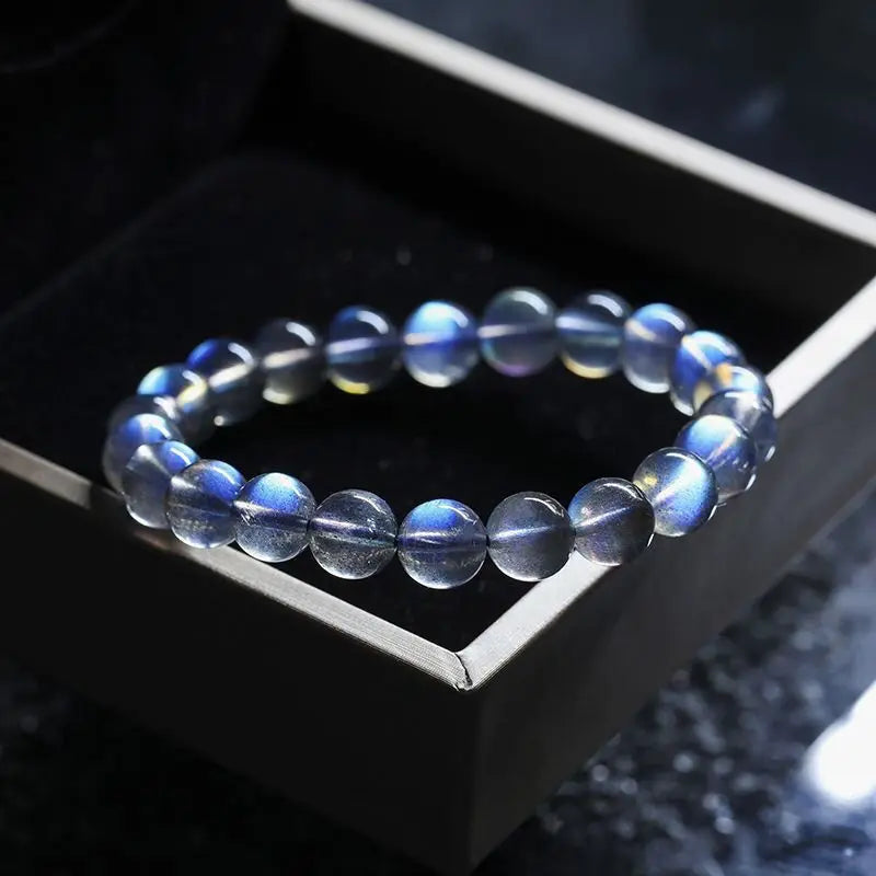 Natural Ice Grey Moonstone Collectible Bracelet Women's Gifts Strong Blue Light Rainbow Lavolite Single Ring HandString Jewelry