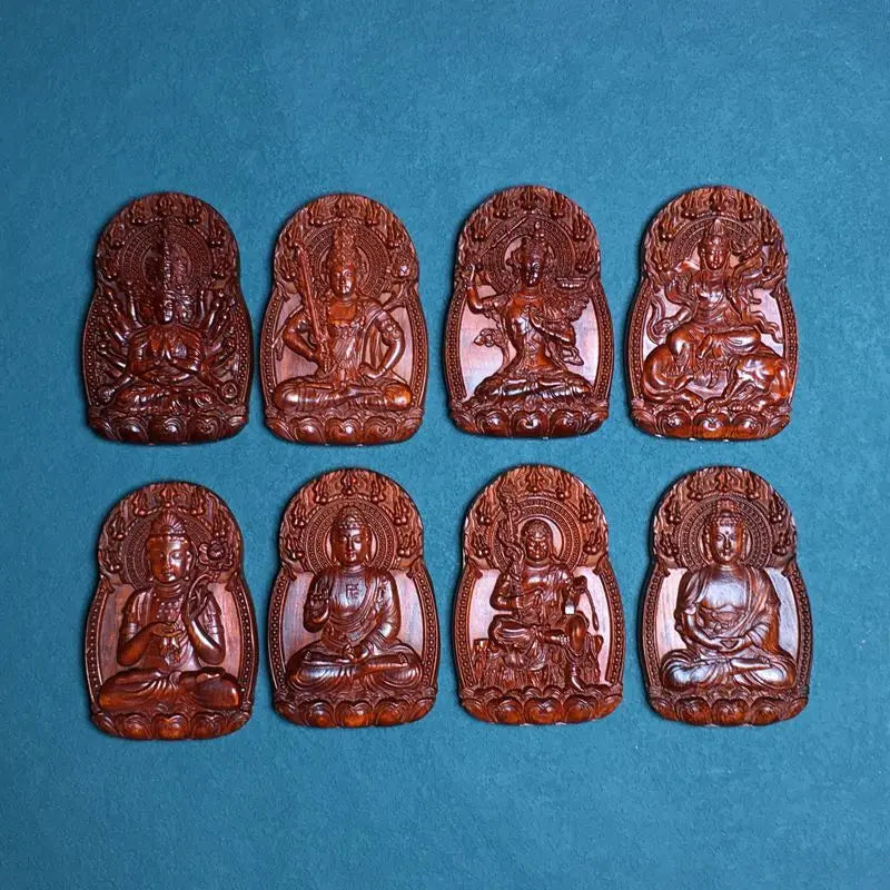 Rosewood Zodiac Guanyin Pendant, Woodcarved Buddha Amulet - Protection, Peace and Health