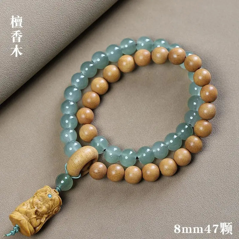 Natural Sandalwood Milk Fragrance Wood Stitching Jade Double Circle Bracelet HandString Carving TuMu Pendant WenPlay Buddha Bead