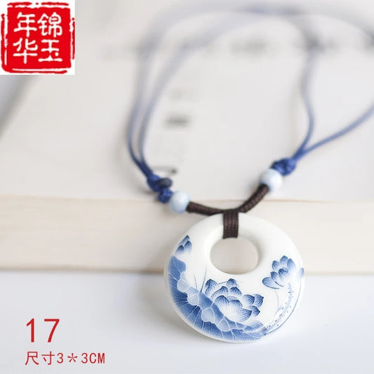 Ceramic necklace, antique blue and white porcelain pendant