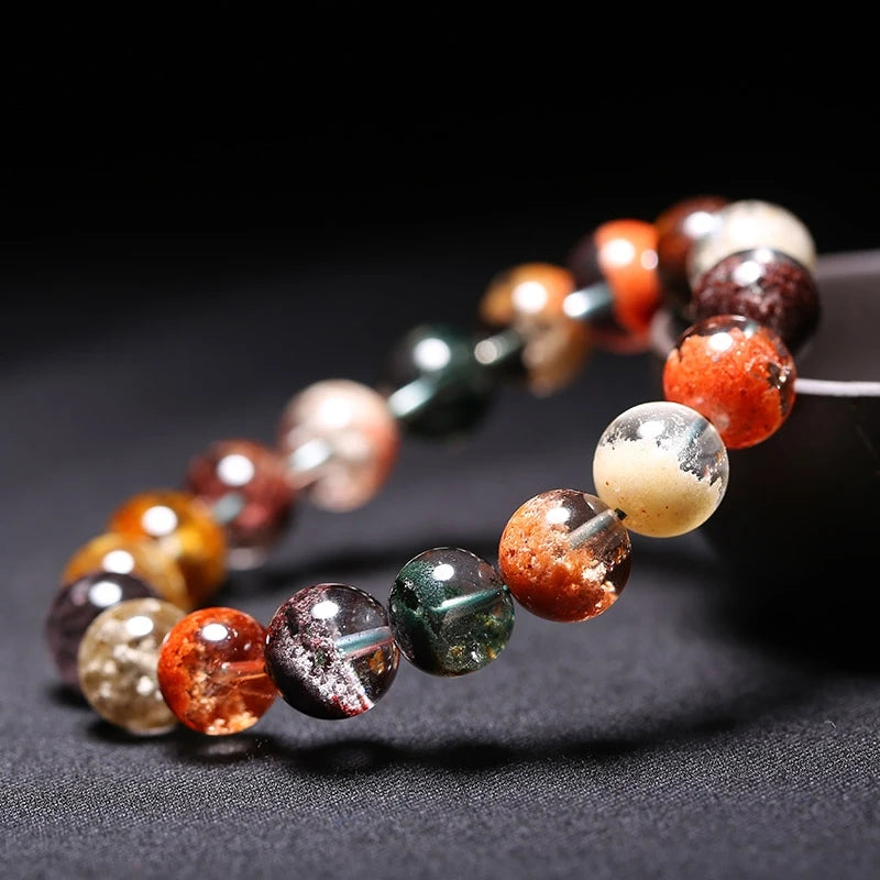 Red and green ghost quartz round bead bracelet