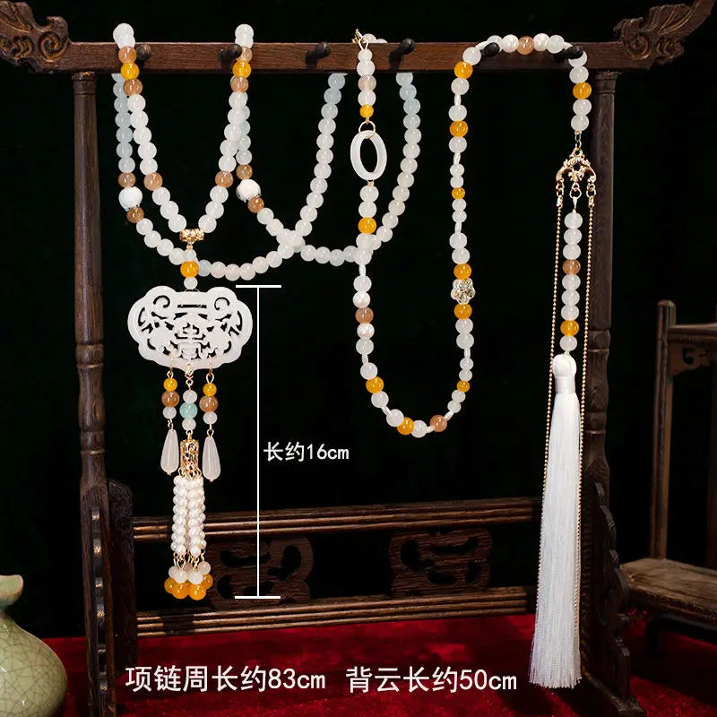 Hanfu Ancient Suit Horse Noodles Accessories Necklace Wreaths Back Cloud Tassel Super Long Chinese Pearl Ancient Pressed Placket