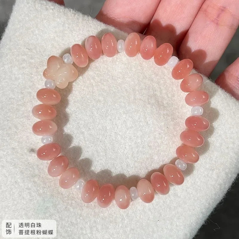 Peach Pink White Jade Bodhi Root Bracelet