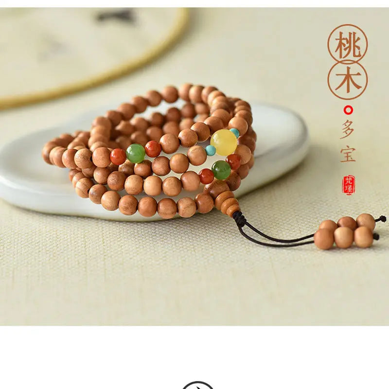 Peach wood multi-circle bracelet, beeswax lucky beads