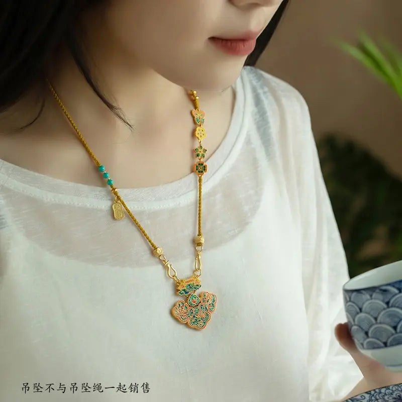 Handmade Braided Binaural Ruyi Lock Bag Lanyard Rope Necklace Men and Women Golden Buddha Head Clavicle Chain Rope Woolen Chain
