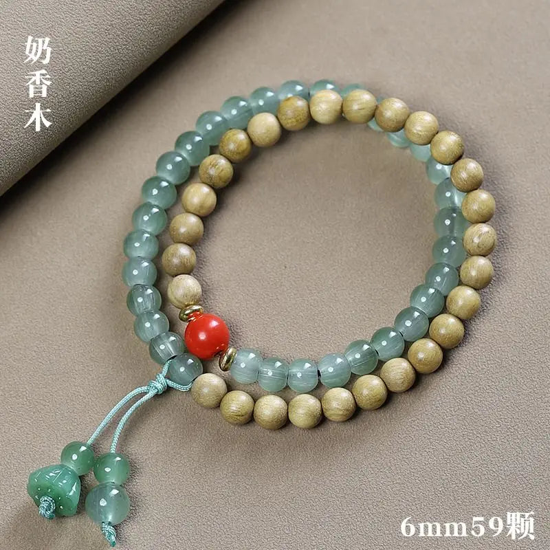 Natural Sandalwood Milk Fragrance Wood Stitching Jade Double Circle Bracelet HandString Carving TuMu Pendant WenPlay Buddha Bead